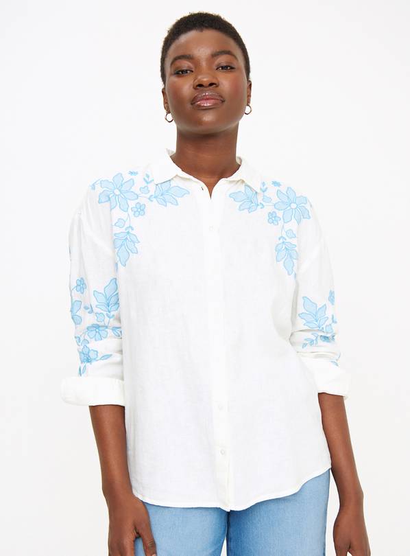 White & Blue Embroidered Linen Blend Shirt  8